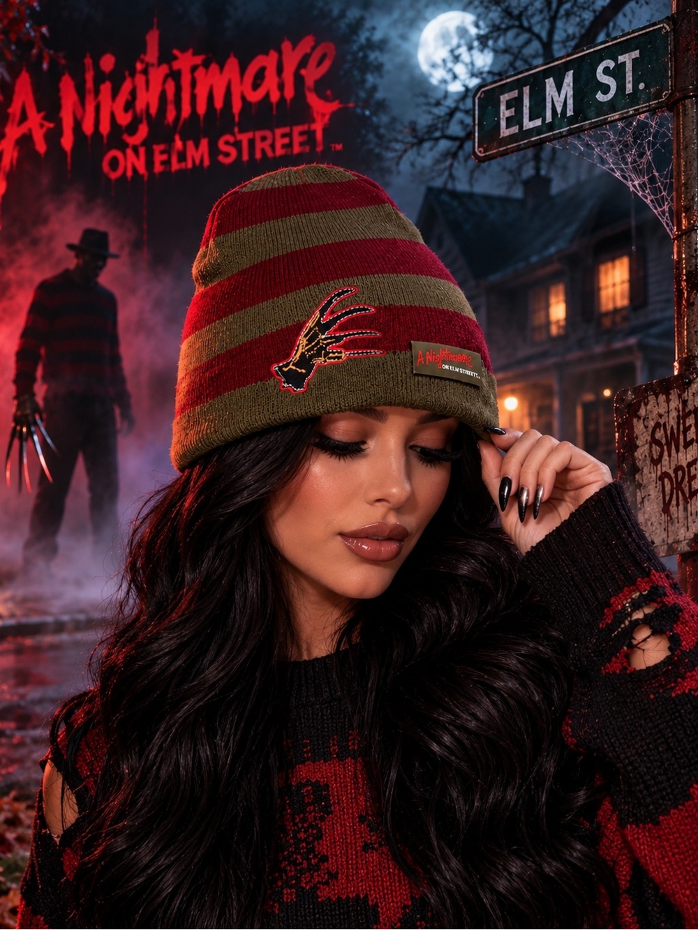 A Nightmare on Elm Street Striped Knit Beanie - Olive & Red NWT